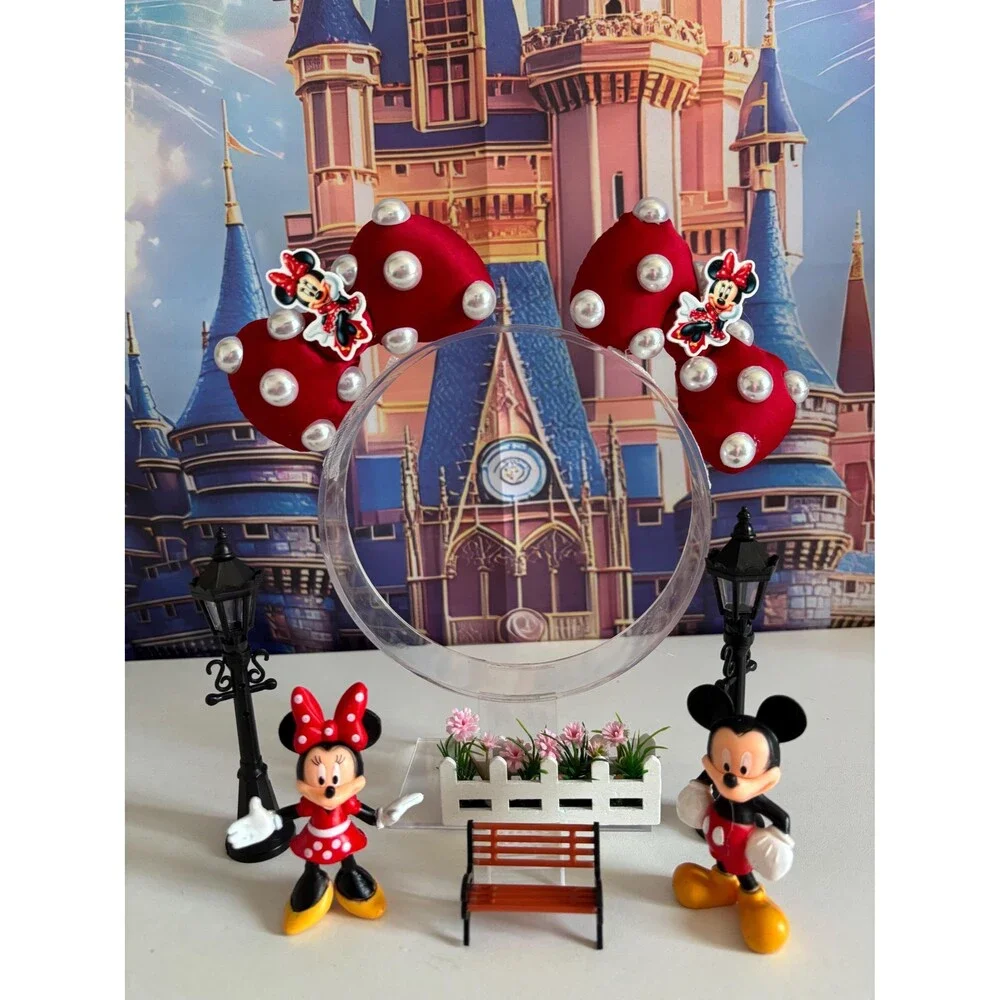 Mouse Red Pearl Polka Dot Bow Charm Hair Clips . 2pc